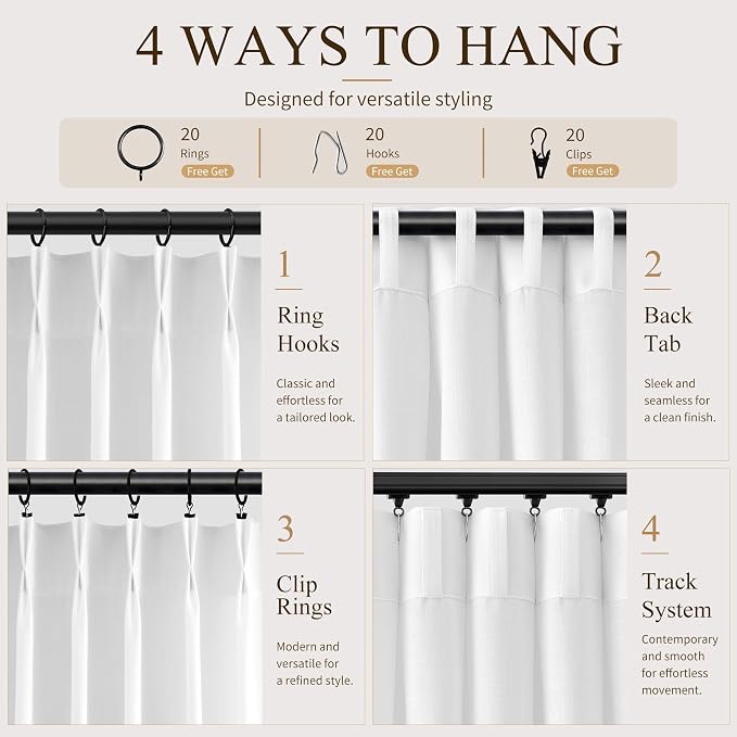 Hokibero White Pinch Pleated Linen Curtains 72 Inch Long for Living Room | Light Filtering Semi Sheer Curtain,Back Tab Hooks Rings,Modern Farmhouse Textured Privacy Drapes for Bedroom Window,2 Panels - Image 4