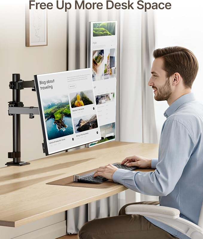 monTEK Dual Monitor Stand for 17-32" Screens, 22 lbs Each | Dual-screen desk mount, height adjustment, tilt, swivel, rotation, clamp/grommet bases and VESA 75/100 - Image 8