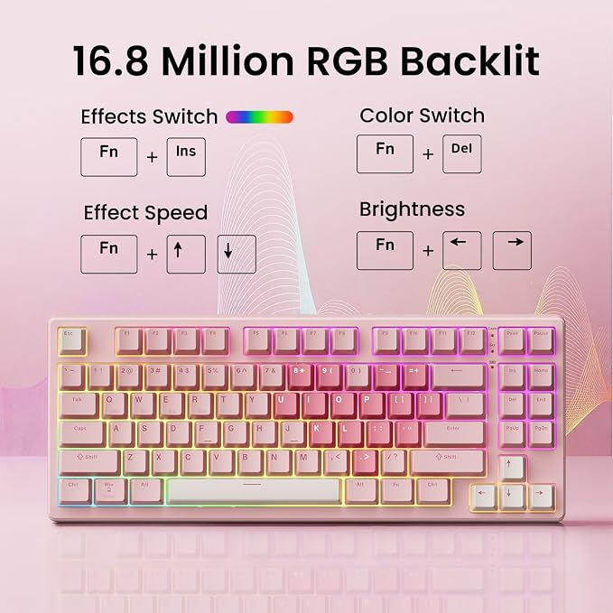 Kisnt KN85 Wireless Mechanical Keyboard, 75% Layout, Bluetooth/2.4GHz/USB-C, Custom RGB Backlit, Hot-Swappable Linear Switch, Creamy Sound for Gaming/Typing (Rose Pink) - Image 4