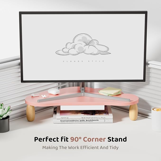 AFOOYO Monitor Stand Riser,Cloud-Shaped Sturdy Wood 16.5In Computer Monitor Riser Wirh Drawer, Multi-Purpose Desktop Organizer Riser for Computer,Laptop,Printer,TV,Pink - Image 4