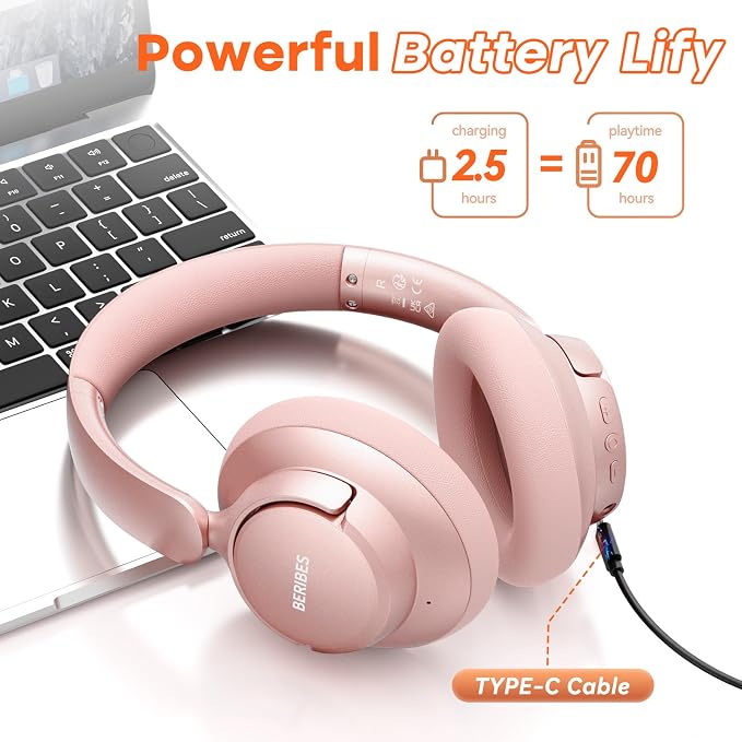 BERIBES Hybrid Active Noise Cancelling Headphones Wireless Over Ear 70Hours | Foldable Bluetooth 6.0,Transparent Modes,3.5MM Cable,Lightweight Built-in Mic,HiFi Stereo Deep Bass,Soft-Earpad,Fast Charging - Image 3
