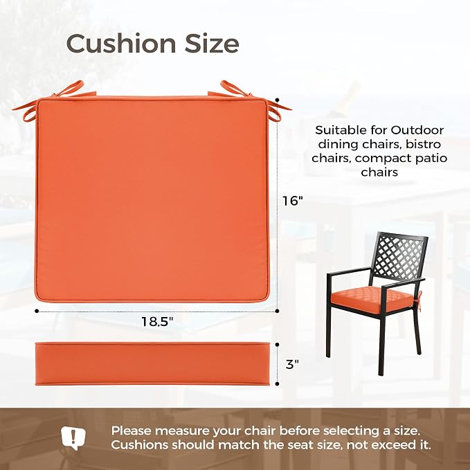 UNIKOME Outdoor Chair Cushions Set of 4, Water Resistant Patio Seat Cushions with Ties for Outdoor Furniture, High-Density Foam, UV & Fade Resistant, Piped Edge – 18.5" x 16" x 3", Orange - Image 2