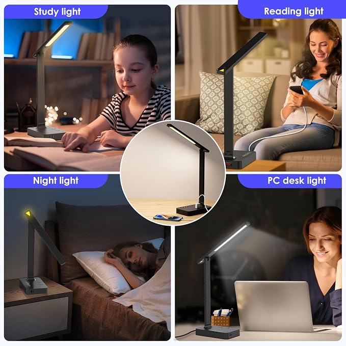 Infiway Desk Lamp with USB Charging Port: LED Desk Lamps for Home Office - 1 USB-A, 1 Type-C Charging Port, 2 AC Power Outlets, Touch Control Dimmable 5 Color 5 Brightness, Night Light(Black) - Image 8