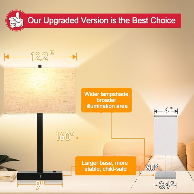Lynnoland 21" Set of 2 Table lamp with USB A+C & AC Outlets, Touch Control 3-Way Dimmable Nightstand Lamps for Bedroom Living Room Office Reading, Linen Shade Touch Lamps, 3000K LED Bulbs Included - Image 5