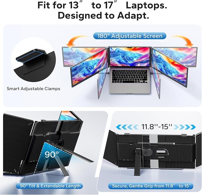 Laptop Screen Extender, Triple Screen Laptop Monitor Extender for 13”-17.3” Laptop, 14” 1080P FHD IPS Portable Monitor with 100% sRGB, Plug & Play Monitor Extension for Business Travel,Coding & Gaming - Image 4