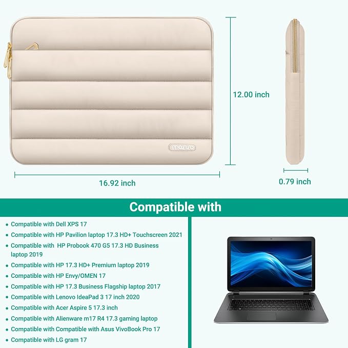 MOSISO Laptop Case 17.3 inch,17-17.3 inch Puffy Laptop Sleeve Carrying Case | Compatible with Dell XPS/HP Pavilion/Ideapad/Acer/Alienware/HP Omen, Polyester Horizontal Bag with Small Case, Sand - Image 9