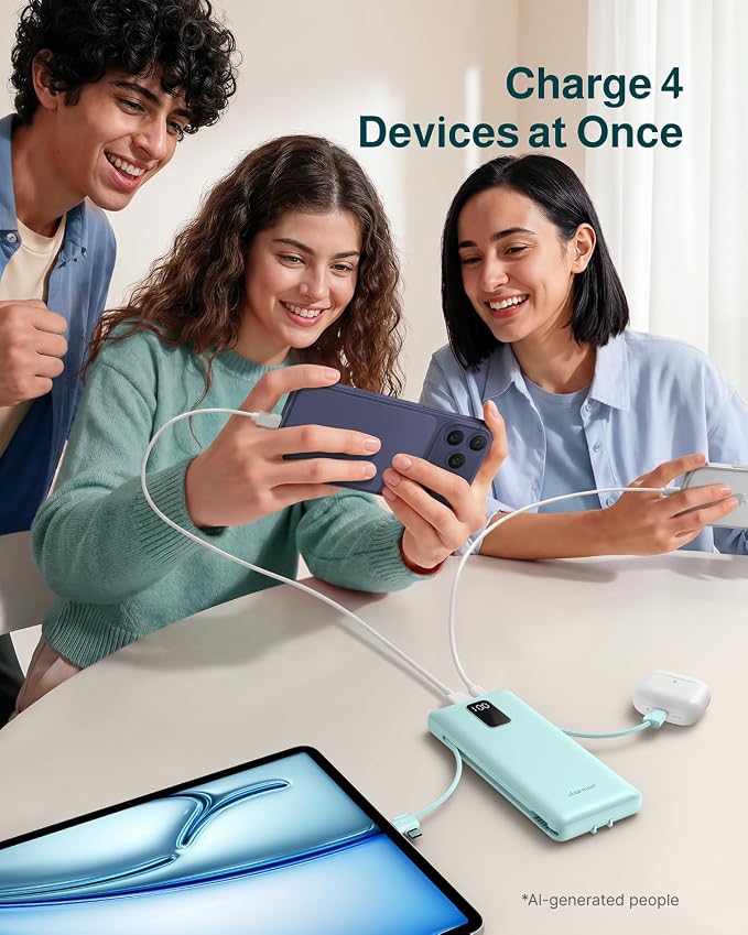 charmast 10000mAh Portable Charger with Built-in Cables and AC Wall Plug | Slim All-in-One USB-C Power Bank, Charge Up to 4 Devices at Once, Travel Essential, Compatible with iPhone, Samsung, Android - Image 3