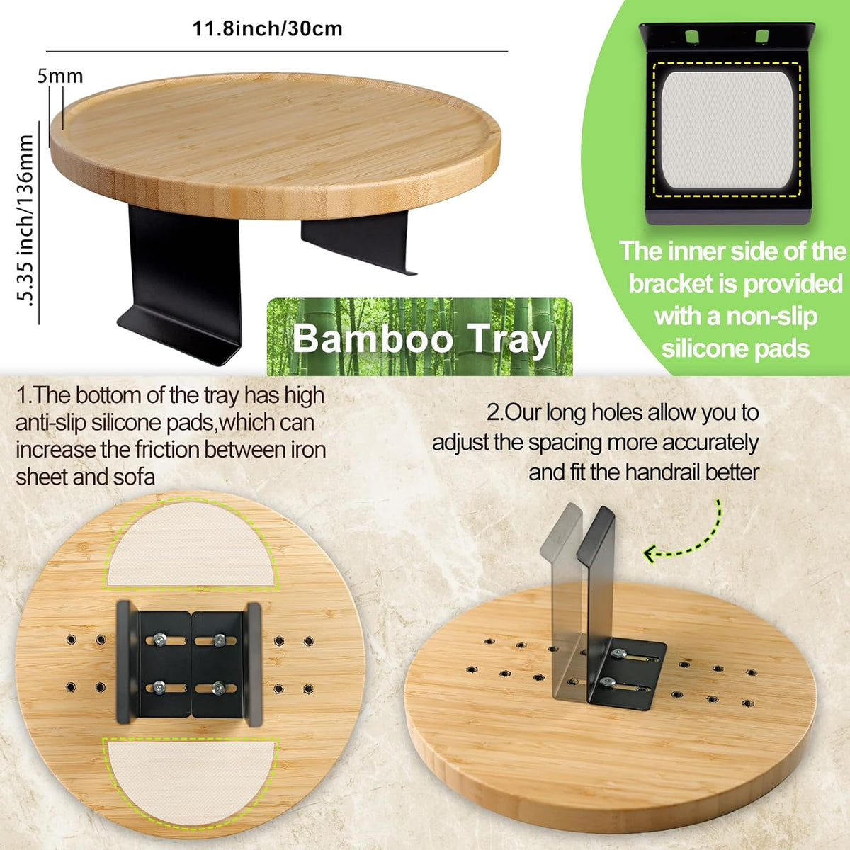 Bamboo Couch Arm Tray,12'' Space Adjustable Sofa Arm Table,Round Chair Arm Table Sofa Armrest Tray for Thin & Wide Couches Arm,Snack Armchair Couch Caddy - Image 4