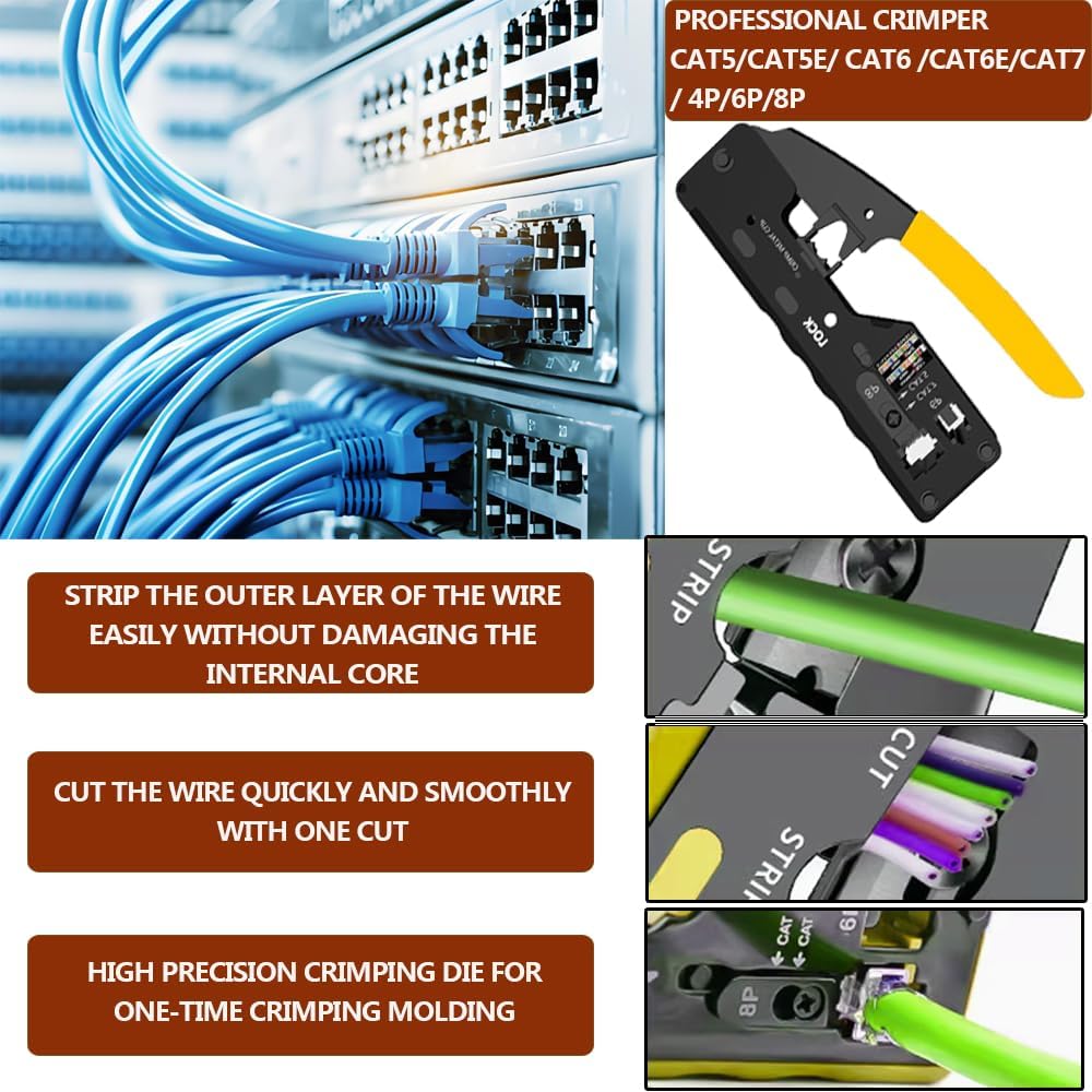 LEATBUY Crimper CAT5/CAT6 Crimping Tool Kit RJ45 Crimp Tool Set for RJ11/RJ12 Pass Through 50PCS Connectors, 50PCS Covers Network Wire Stripper Punch Down Tool Stripper Pliers Cutter (YELLOW) - Image 2