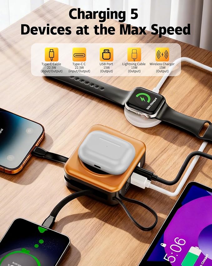for Magsafe Portable Charger with Built-in Cables and AC Wall Plug, 10000mAh Magnetic Wireless Power Bank 22.5W Type-C in & Out Fast Charging Battery Pack for iPhone 17/16/15/14/13/12 Series, Orange - Image 4