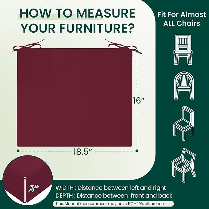 HARBOREST Outdoor Chair Cushions Set of 4, Water Resistant Patio Chair Cushions with Ties, Square Corner Outdoor Seat Cushions for Patio Furniture, 18.5"x16"x3", Burgundy - Image 6