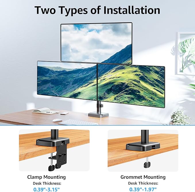 MOUNTUP Triple Monitor Mount Fits Max 32 Inch Screen, Holds 4.4-17.6lbs, 3 Monitors Desk Mount, Triple Monitor Stand for Desk, Adjutable Arm with Clamp/Grommet Base, for Home Office, 75x75/100x100 - Image 4