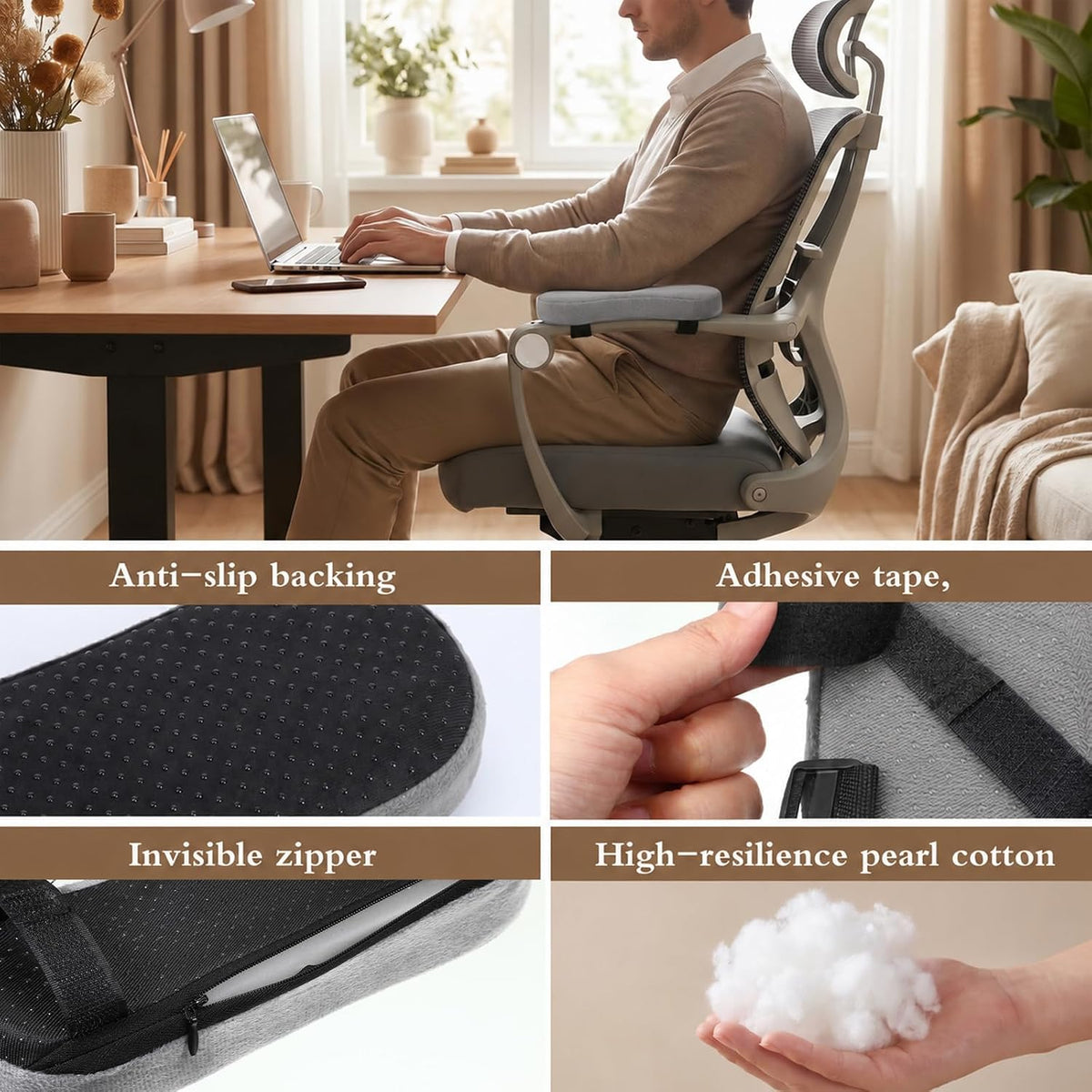 2 Pack Non-Slip Armrest Pads Ergonomic Thick Memory Foam Arm Pads for Office, Gaming Chairs (Grey) - Image 5