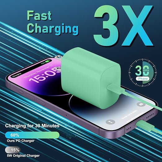 Phone 14 13 12 11 Fast Charger,10FT Long Phone Chargers Fast Charging Lightning Cable with 20W USB C Charger Block for Phone 14/14 Pro Max/13/13 Pro Max/12/12 Pro Max/11/11Pro/XS/Max/XR/X,Pad,Green - Image 2