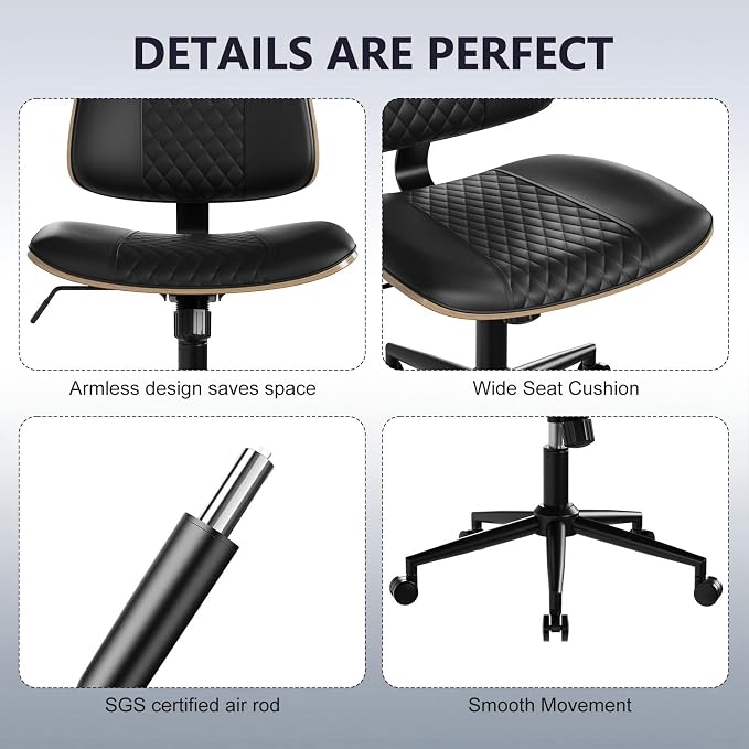 Modern Armless Office Chair with Wheels, Wide Seat Walnut, Black | Adjustable Swivel Desk Chair with Mid Back & Tilt Function, Faux PU Leather Mid Century Modern Task Office Chair, 300LBS Cap - Image 6