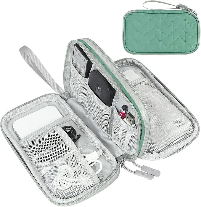 FYY Electronic Organizer, Travel Tech Pouch, Cable Organizer Green Quilted | Wrist Strap, Waterproof, Double Layers Portable Electronics Travel Carrying Case for Cord, Charger, Daily Business Trips Use by FYY
