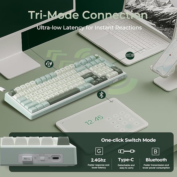 RK ROYAL KLUDGE R98 Pro Wireless Mechanical Keyboard, Creamy Bluetooth/2.4GHz/Wired RGB Gaming Keyboard with Number Pad and Knob, MDA Profile PBT Keycaps, Gasket Hot Swappable Tactile Switch, Cyan - Image 3
