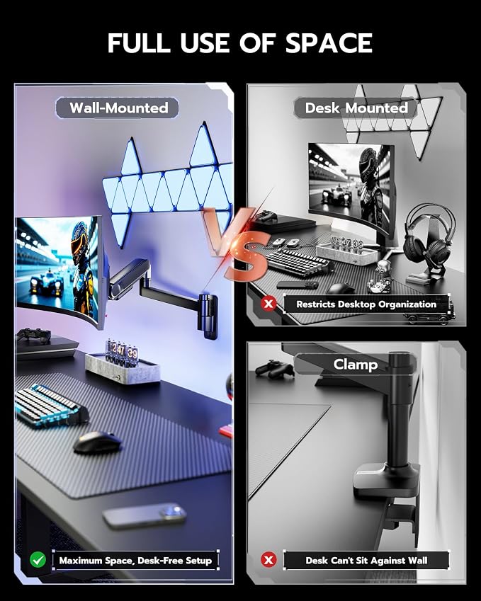 ARES WING Monitor Wall Mount for 24-57 Inch Ultrawide Screen, Black | Premium Heavy Duty Gaming Monitor Arm for 60 lbs, Full Motion Gas Spring, Bearing Head for Easy Adjustment, 75/100 VESA Mount - Image 6