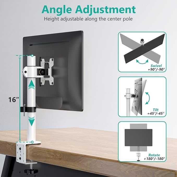 WALI Single Monitor Mount for 1 Computer Screen up to 32 inch, Fully Adjustable Monitor Arm Holds up to 22 lbs (M001S-W), White - Image 3