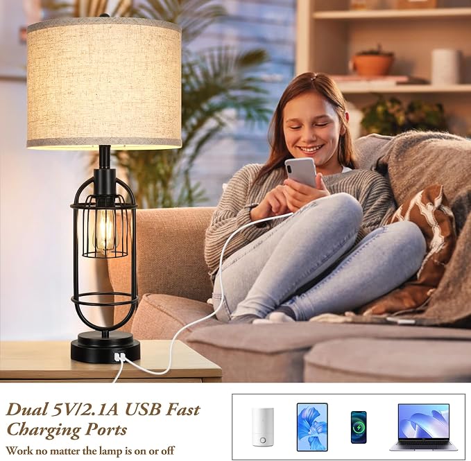 29'' Tall Table Lamps for Living Room Set of 2, 2-Light Farmhouse Bedside Lamps with USB Ports, Rustic Nightstand Lamps with Beige Lampshade, Black Industrial Desk Lamps for Bedroom End Table Reading - Image 2