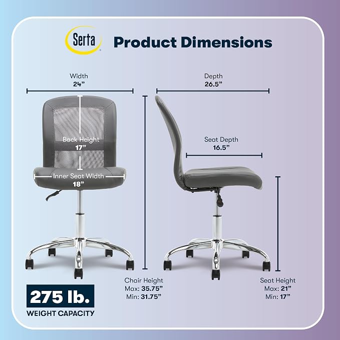 Serta Armless Small Home Desk Chair with Wheels, Ergonomic Mesh Back Chair | Essentials, Leather & Foam Cushion Seat, Adjustable Height, Small Vanity Chair for Bedroom, Desk Chair for Small Spaces, Gray - Image 3
