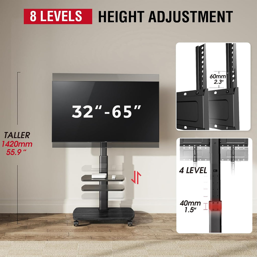 Rolling TV Stand for 32-65 Inch TVs with 2 Shelves, Mobile TV Cart on Wheels, 8-Level Height Adjustable TV Floor Stand with Swivel & Tilt Mount for Bedroom, Living Room, Office - Image 6