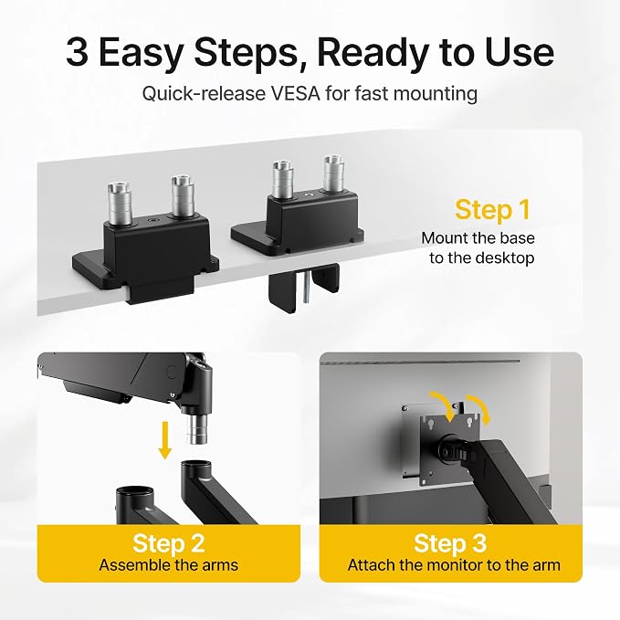 monTEK Dual Monitor Mount with USB Monitor Arms for 17 to 35 Inch Screen | Adjustable Heavy Duty Monitor Desk Mount for 2 Monitors, Holds 35 Lbs, with Cable Management, VESA 75/100mm - Image 8