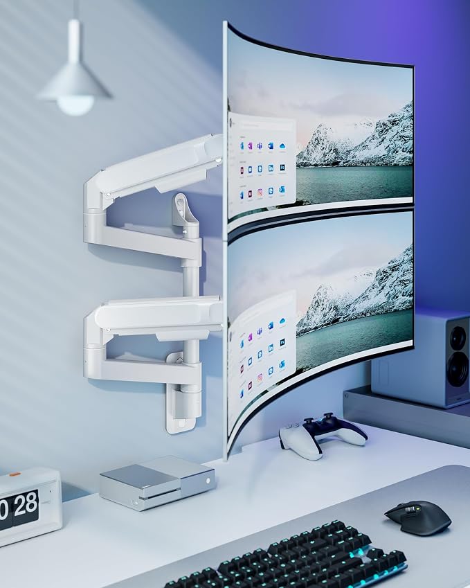 ARES WING Dual Monitor Wall Mount for 24-57 Inch Ultrawide Screen, White | Premium Heavy Duty Gaming Monitor Arm for 60 lbs, Full Motion Gas Spring, Bearing Head for Easy Adjustment, 75/100 VESA Mount - Image 8