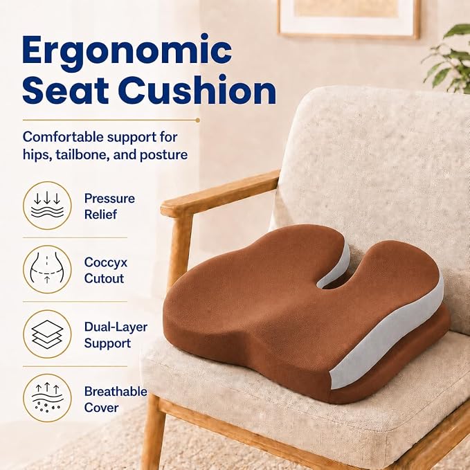 Memory Foam Ergonomic Seat Cushion for Office Chairs Pain Relief | Suitable for prolonged sitting, relieves tailbone pain, fits office chairs, wheelchairs, car seats and computer desk chairs - Image 2