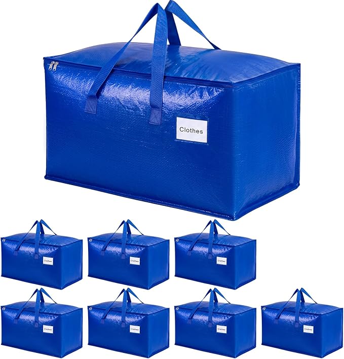 KYODOLED 8 Pack Blue Moving Bags, 24 Gal Large Storage Totes for College | Water-Resistant, Wide-Zipper Opening, Label Window, Heavy Duty Packing Bags for Clothes, Bedding and Dorm Moves, 27x13x15 by KYODOLED