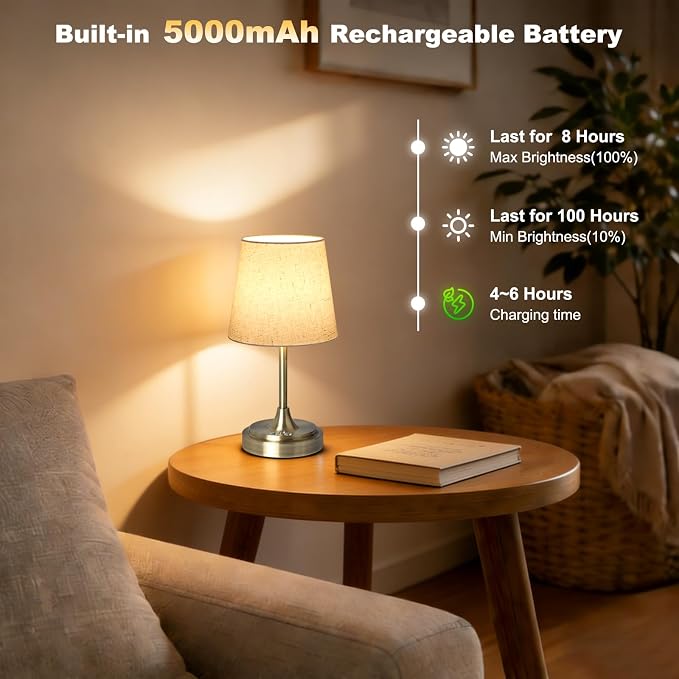 Wowag Small Cordless Table Lamp Rechargeable,5000mAh Battery Operated Desk Lamp,3 Colors & 7 RGB Stepless Dimmable,Touch Ambient Light for Bedside,Bedroom,Dining Room,Living Room,Bronze,FlaxenShade - Image 5