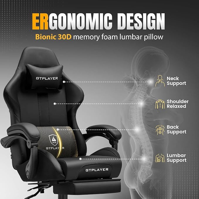 GTPLAYER Gaming Chair with Pocket Spring Cushion, Leather Office Chair with Ergonomic High Back & Lumbar Support for Back Pain Relief, Computer Game Chair for Adults, Black - Image 5