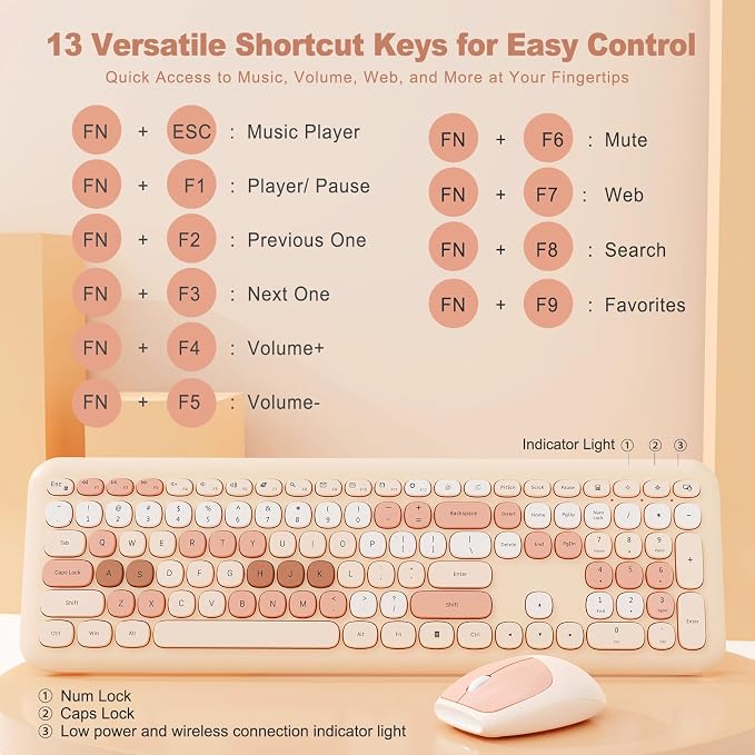 Nowlike Wireless Keyboard and Mouse Combo, Retro Typewriter Keyboard with Round Keycaps, Full-Size Ergonomic, Brown, Ideal for Windows PC, Home, Office, and College, Wireless Keyboard Mouse Combo - Image 3