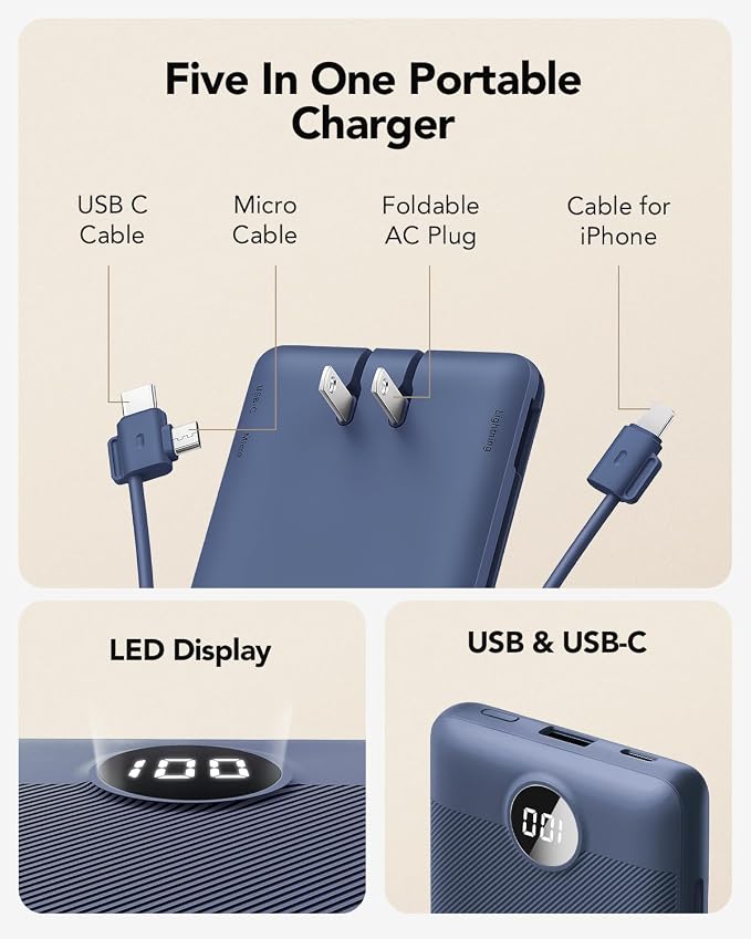 VRURC Portable Charger Built-in Cables and AC Wall Plug, USB C Power Bank 10000mAh, Travel Battery Portable Phone Charger Compact Lightweight External Battery Pack for Smart Phones, Tablets etc-Navy - Image 2
