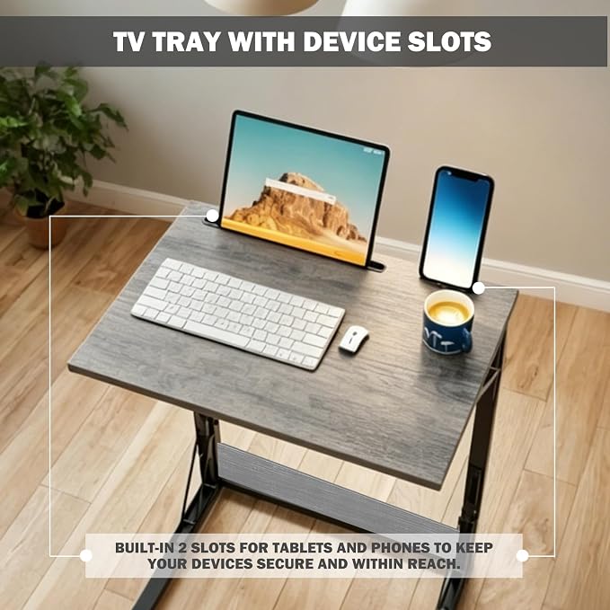 Folding TV Trays Set of 2, Adjustable Height TV Trays for Eating on Couch | TV dinner tray table with tablet&phone slots,c shaped end table,laptop desk for sofa,bedside,recliner,dining,working,gaming - Image 4