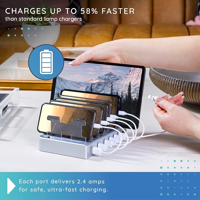Fast Charging Station for Multiple Devices, 6-Port USB Charging Dock Silver | Smart IC Technology for Safe Charging, Organized storage, Works with Apple iPhone 14 and earlier & iPads, for home, office - Image 4