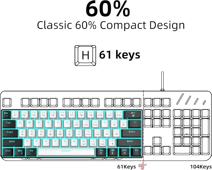 Snpurdiri 60% Wired Mechanical Gaming Keyboard (Black-White, Red Switches) | Ice Blue LED Backlit 61 Keys Mini Wired Office Keyboard for Windows Laptop PC Mac - Image 5