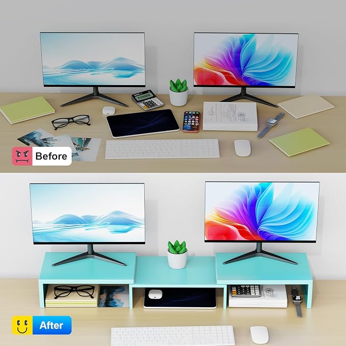 Dual Monitor Stand Riser | Monitor Stand for Desk, Metal Computer Stand, Desk Shelf Riser,Desktop Organizer for Home and Office Use (Blue) - Image 2