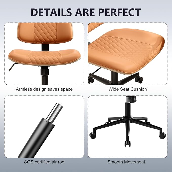 Modern Armless Office Chair with Wheels, Wide Seat Walnut, Brown | Adjustable Swivel Desk Chair with Mid Back & Tilt Function, Faux PU Leather Mid Century Modern Task Office Chair, 300LBS Cap - Image 6