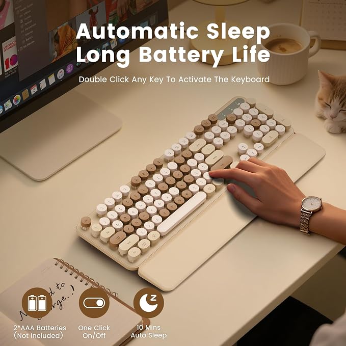 Wireless Keyboard, Round Keycaps, Retro Typewriter Keyboard with Magnetic Wrist Rest, Sleep Mode, Foldable Legs, 2.4GHz Full-Size Cordless Computer Keyboard for Windows PC, Laptop (Beige & Brown) - Image 6