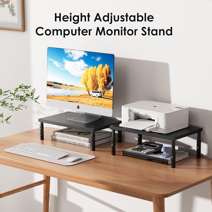 ECOLOVI Adjustable Wood Computer Monitor Stand Riser, Office Desk Organizer and Accessories for Monitor, Laptop, PC, Printer, Office Desk Accessories Workspace Organizer for Home Office Supplies, Black - Image 4