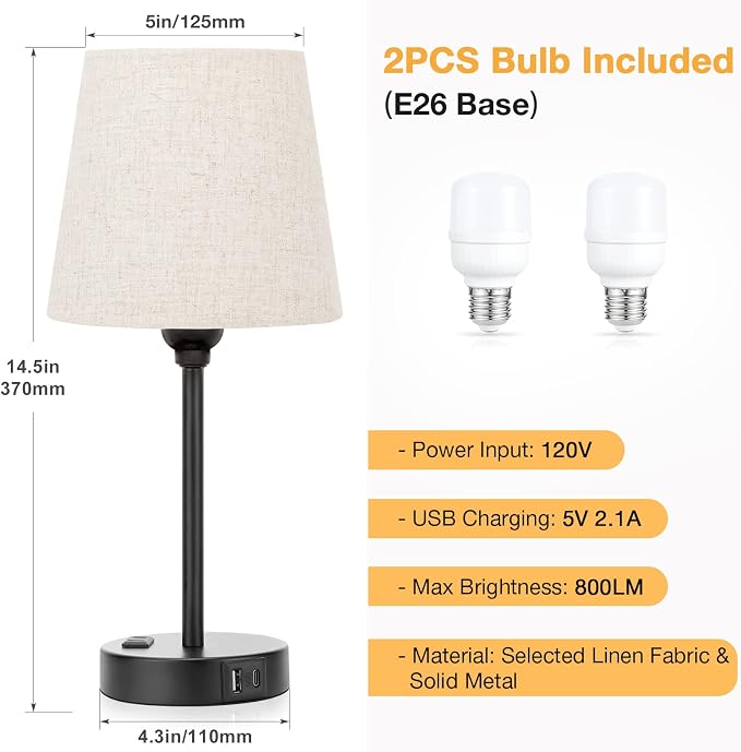 Bedside Table Lamps Set 2 for Bedroom - Dimmable Touch, USB C+A, AC Outlet | 14.5" Mini Lamp, 3-Way Dimmable, LED Bulbs Included, Trapezoid Barrel Fabric Lampshade, Nightstand Light for Guest Room, Kids - Image 6