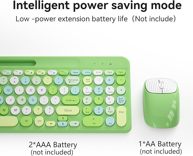 Retro Wireless Keyboard and Mouse Combo, Full-Size USB Keyboard with Round Keycaps, 2.4GHz Wireless for Desktop, Laptop and Computer (Green-Colorful) - Image 4