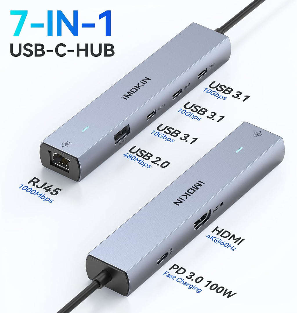 MOKiN 10Gbps USB C Hub Ethernet, 7 in 1 USB C Adapter for MacBook Pro/Air with 4K@60HZ HDMI, 3*USB-C 10Gbps Data, RJ45, USB 2.0, 100W PD, USB C Dongle for MacBook Pro/Air/Dell/HP/Thinkpad/Lenovo. - Image 2