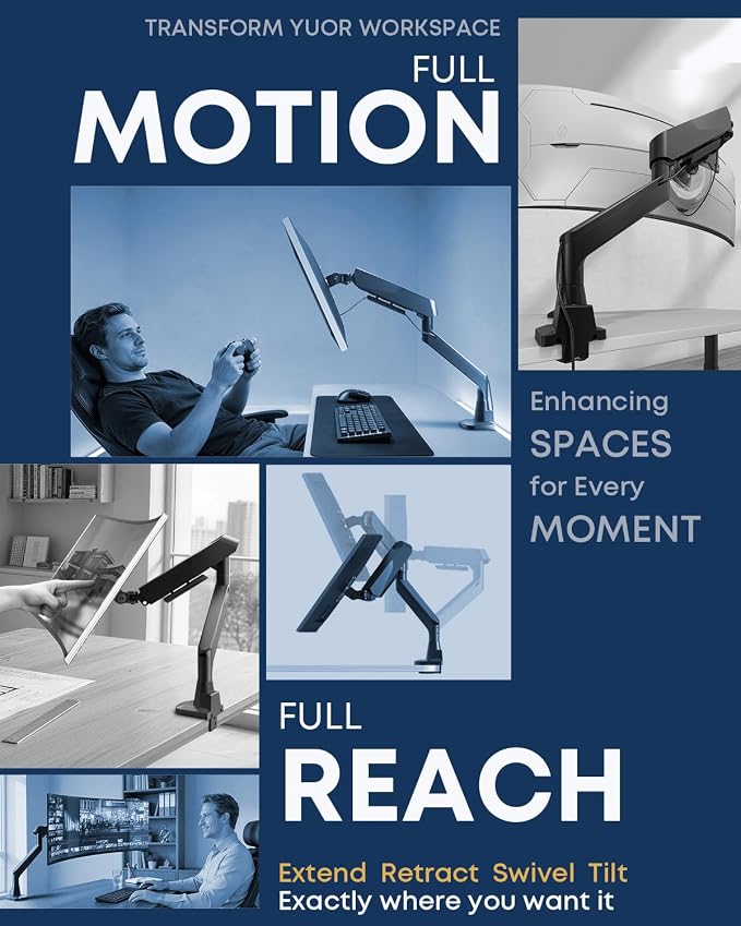Ultrawide Monitor Arm fits 17-49 Inch Heavy Duty Flat/Curved Monitor | Cable Management, Full Motion, Gas Spring Arm, Holds 35.2 lbs with Clamp & Grommet Desk Mount, VESA 75/100mm, Black - Image 3