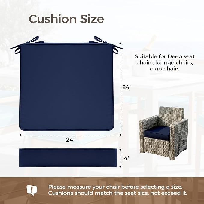 UNIKOME Outdoor Chair Cushions Set of 4, Water Resistant Patio Seat Cushions with Ties for Outdoor Furniture, High-Density Foam, UV & Fade Resistant, Piped Edge – 24" x 24" x 4", Navy - Image 2