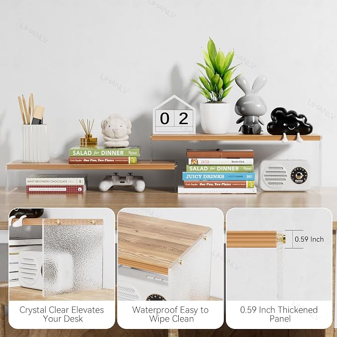 YGYQZ Adjustable Monitor Stand Riser, 7.67"×19.3" Dual Monitor Desk Stand | Adjustable Monitor Riser, Expandable Desk Organizer, 2-Tier Storage, Acrylic Legs, Ergonomic Workspace, Wood Glacial Striae - Image 6