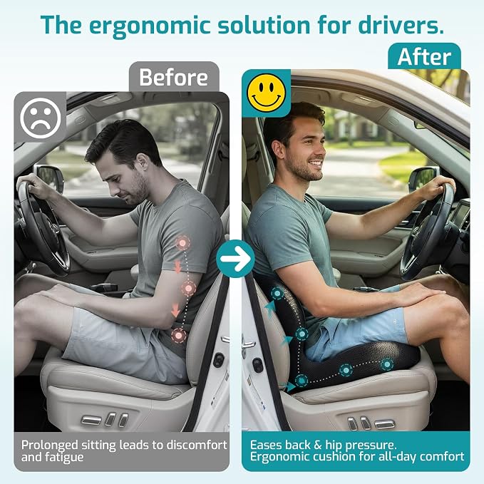 Trucker Seat Cushion, Thick Car Seat Cushions with Lumbar Support Pillow, Ergonomic L-Shaped Orthopedic Memory Foam for Long Driving Lower Back Pain Sciatica Relief, Gift for Drivers (Black+LGrey) - Image 4
