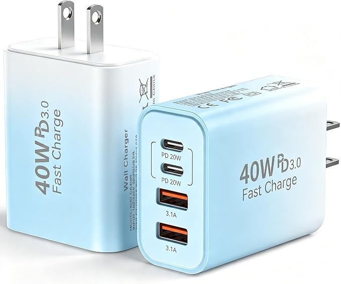 Duloch USB C Wall Fast Charger Block, 40W 4-Port Type C Chargers Fast Charging Blocks for Phone 17/16/15/14/13/12 Pro Max, Pad, Galaxy S24/23-2Pack Gradient Blue by Duloch