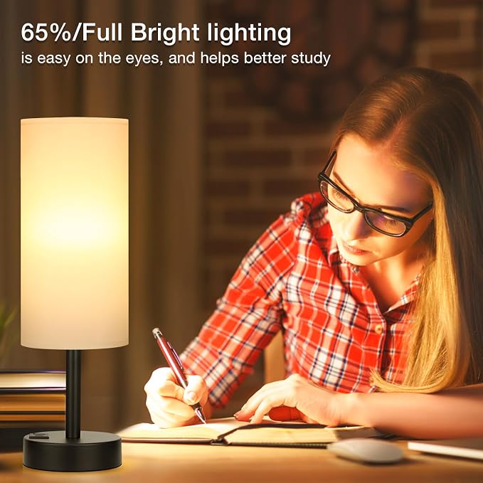White Touch Table Lamp for Bedroom - Dimmable Bedside Desk Lamp for Kid | USB A+C Ports, 3-Way Dimmable, LED Bulb Included, White Fabric Lampshade, Matt Black Metal Base, Compact 14" Night Stand Lamp - Image 5